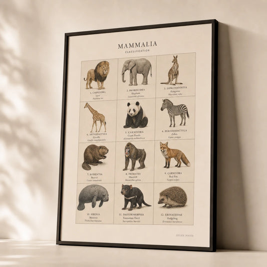 Mammals Taxonomy Poster — Twelve mammals taxonomy grid in warm earth tones, premium hero shot, Atelier Poster