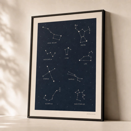 Constellations Night Sky Poster — Eight major constellations on deep navy night sky, premium hero shot, Atelier Poster