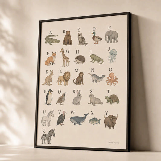 ABC Animal Alphabet Poster — Animal alphabet A-Z in soft pastel illustration tones, premium hero shot, Atelier Poster