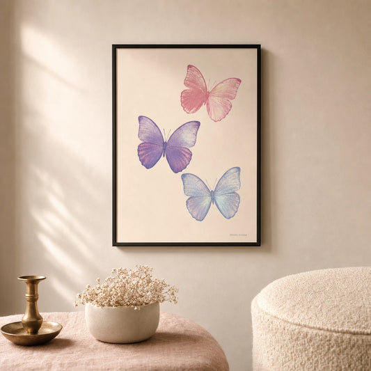 Y2K Butterfly Pink Poster — Three iridescent butterflies in Y2K revival aesthetic, lifestyle in interior, Atelier Poster