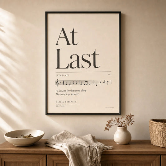 First Dance Song Custom Poster — Personalized first dance song title and artist serif typography, lifestyle in interior, Atelier Poster