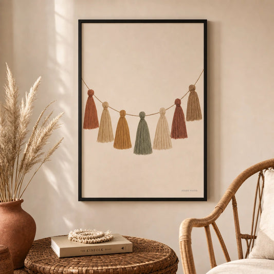 Bohemian Tassel Garland Poster — Bohemian tassel garland in mixed warm earth tones, lifestyle in interior, Atelier Poster