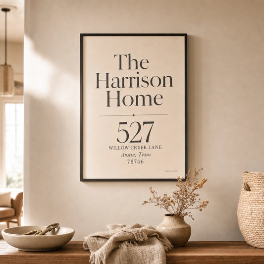 Home Address Custom Poster — Personalized home address elegant serif typography housewarming, lifestyle in interior, Atelier Poster
