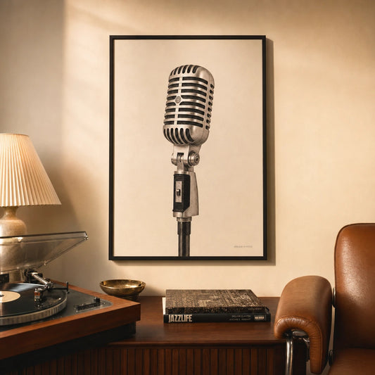 Vintage Microphone Poster — Single vintage 1940s ribbon microphone chrome and black, lifestyle in interior, Atelier Poster