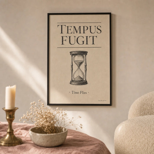 Dark Academia Latin Quote Poster — Tempus Fugit Latin serif dark academia parchment aesthetic, lifestyle in interior, Atelier Poster