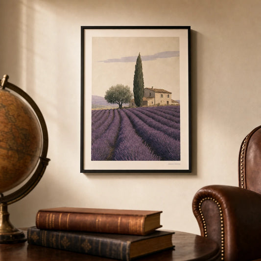 Provence Lavender Fields Poster — Mid-century Provence lavender fields with stone farmhouse, lifestyle in interior, Atelier Poster