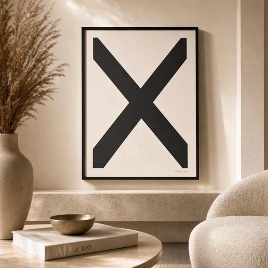 Bold Cross Black White Poster — Two black bars crossing X-shape constructivist monochrome, lifestyle in interior, Atelier Poster