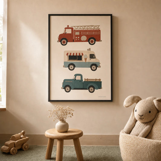 Vintage Trucks Trio Poster — Three vintage trucks fire ice-cream pickup in warm tones, lifestyle in interior, Atelier Poster