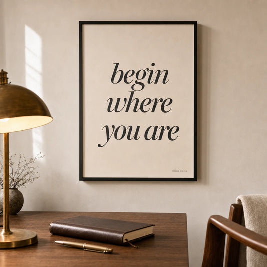 Begin Where You Are Poster — Elegant serif italic 'begin where you are' Pema Chodron wisdom, lifestyle in interior, Atelier Poster