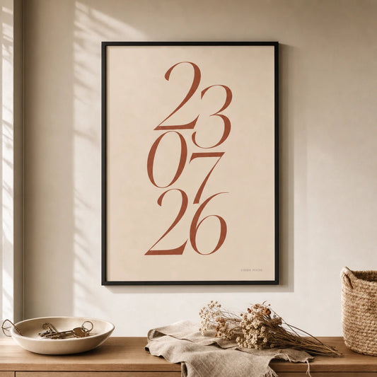 Wedding Date Personalized Poster — Personalized wedding date elegant Playfair Display italic, lifestyle in interior, Atelier Poster