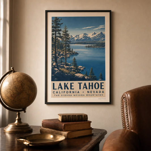 Lake Tahoe Mountain Lake Poster — 1950s Lake Tahoe with Sierra peaks and towering pines, lifestyle in interior, Atelier Poster