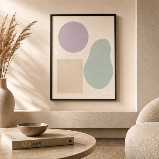 Lavender Shapes Trio Poster — Three pastel shapes lavender mint and cream playful trio, lifestyle in interior, Atelier Poster