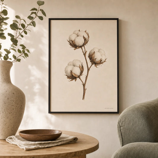 Cotton Branch Sprig Poster — Single cotton sprig with three open bolls on warm cream, lifestyle in interior, Atelier Poster