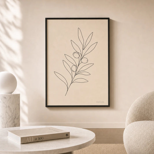 Olive Branch Line Poster — Single-line olive branch with leaves and fruit in black, lifestyle in interior, Atelier Poster