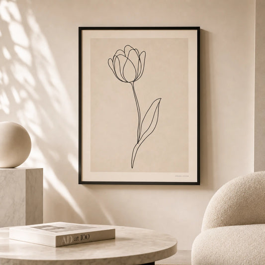 Single Stem Tulip Poster — Single-line tulip on stem with one leaf in thin black, lifestyle in interior, Atelier Poster