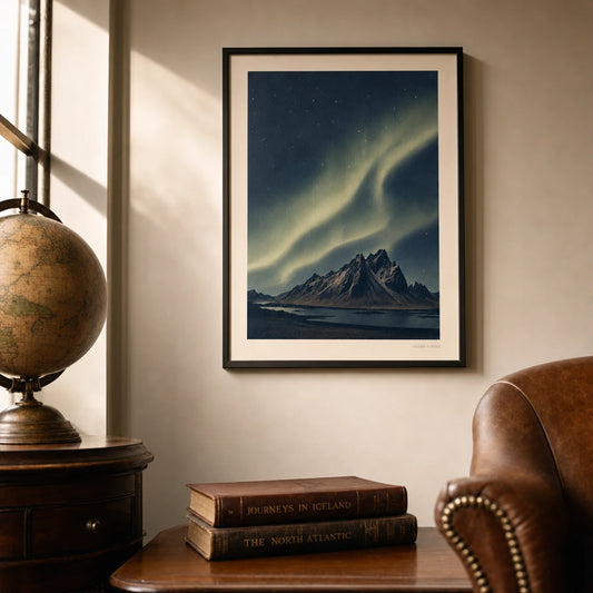 Iceland Northern Lights Poster — Iceland aurora borealis over dark mountain silhouettes, lifestyle in interior, Atelier Poster