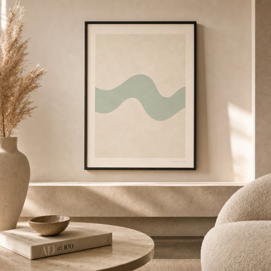 Mint Wave Soft Poster — Single pale mint wave on warm cream soft organic abstract, lifestyle in interior, Atelier Poster