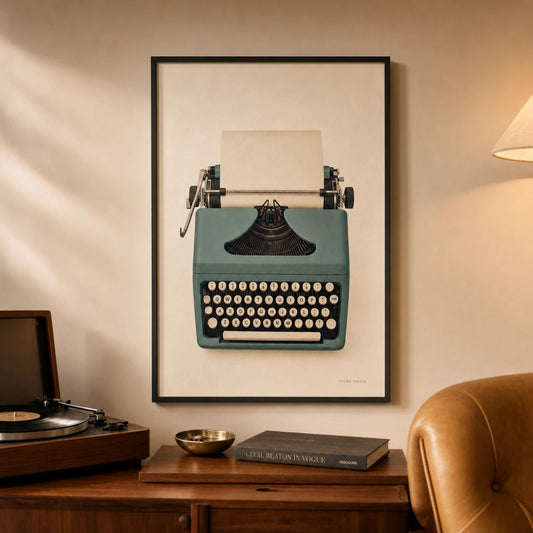 Vintage Typewriter Poster — Vintage 1950s teal typewriter mid-century writing illustration, lifestyle in interior, Atelier Poster