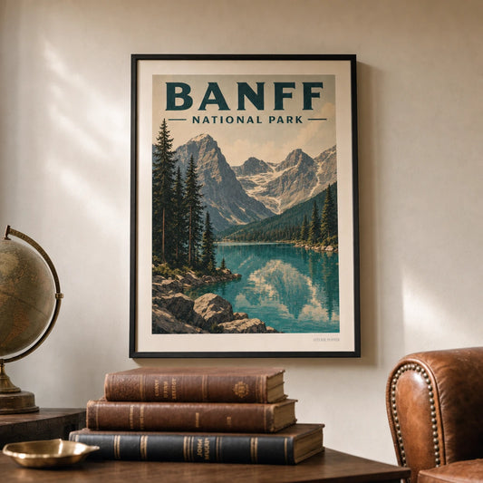 Banff National Park Poster — WPA-style Banff with turquoise lake and Rocky Mountains, lifestyle in interior, Atelier Poster