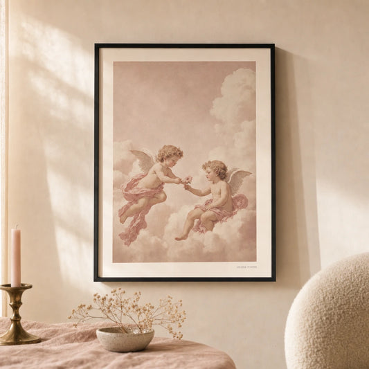 Soft Girl Cherubs Poster — Two cherubs in soft pink and cream Pinterest aesthetic, lifestyle in interior, Atelier Poster