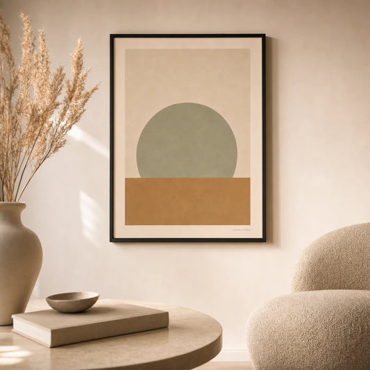 Sage Half-Moon Plain Poster — Soft sage half-moon over ochre plain calm minimalist, lifestyle in interior, Atelier Poster