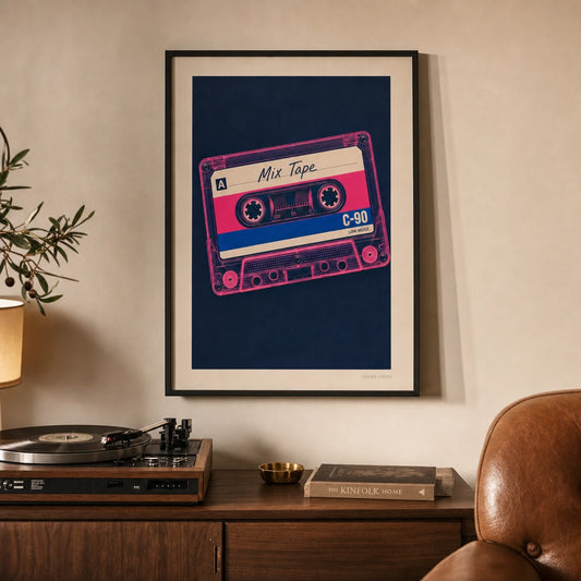 Neon Cassette Tape 80s Poster — Vintage neon pink cassette tape 1980s mixtape on navy, lifestyle in interior, Atelier Poster