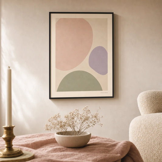 Danish Pastel Abstract Poster — Three Danish pastel shapes pink lavender sage on cream, lifestyle in interior, Atelier Poster