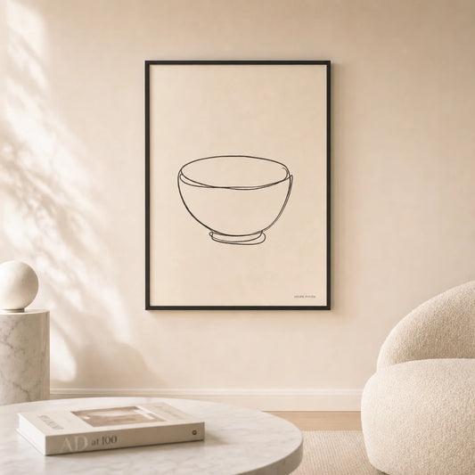 Ceramic Bowl Line Poster — Single-line ceramic bowl object study in black on cream, lifestyle in interior, Atelier Poster