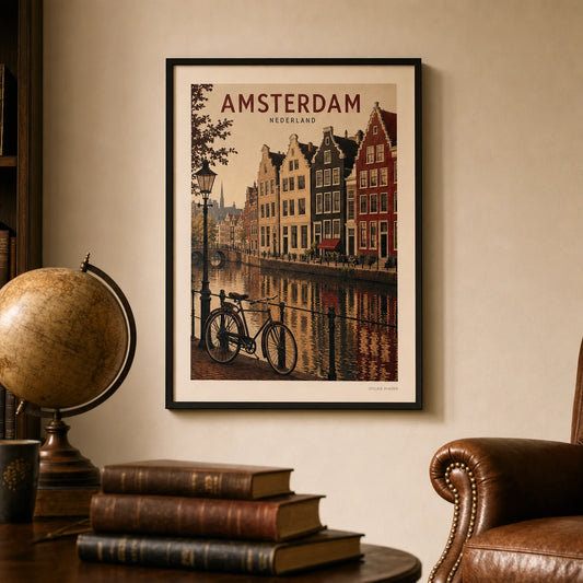 Amsterdam Canals Poster — 1950s Amsterdam canal scene with gabled houses, lifestyle in interior, Atelier Poster