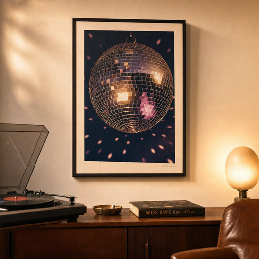 Disco Ball 70s Poster — Glittering disco ball 1970s silver gold on deep navy, lifestyle in interior, Atelier Poster