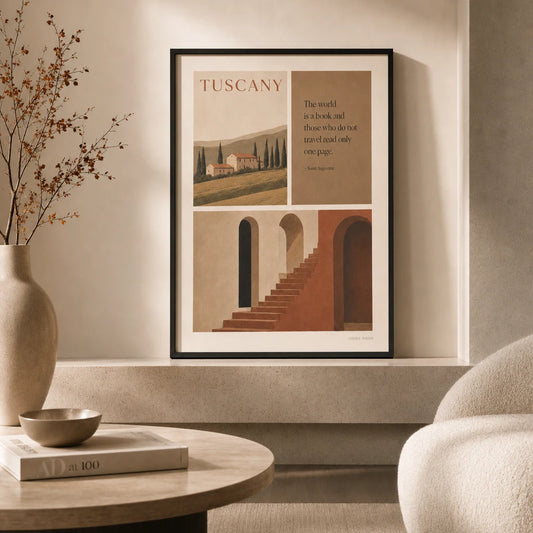 Mixed Travel Quote Three Gallery Poster — Three-print travel quote architectural mixed vintage warm, lifestyle in interior, Atelier Poster