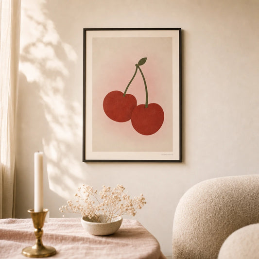 Soft Girl Cherry Pair Poster — Two cherries with green stems soft girl Pinterest aesthetic, lifestyle in interior, Atelier Poster