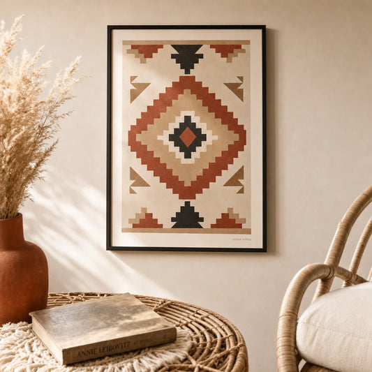 Native Pattern Geometric Poster — Stepped diamond geometric pattern in warm Native earth tones, lifestyle in interior, Atelier Poster