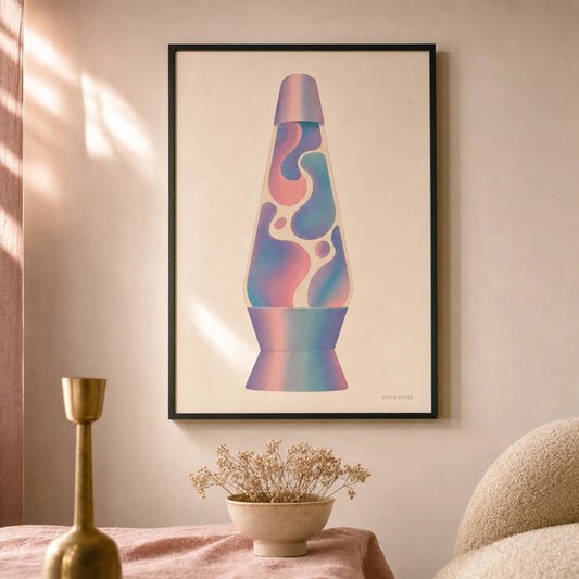 Y2K Lava Lamp Poster — Iridescent flowing lava lamp shape Y2K revival aesthetic, lifestyle in interior, Atelier Poster