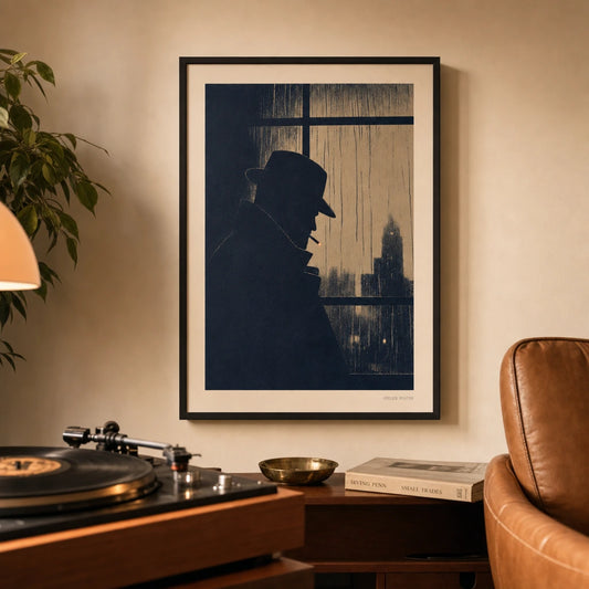 Film Noir Vintage Poster — 1940s film noir detective silhouette deep navy and cream, lifestyle in interior, Atelier Poster