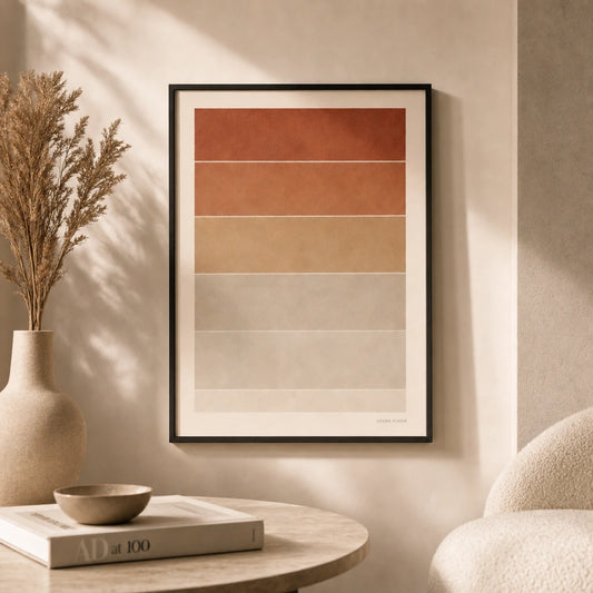 Desert Twilight Bands Poster — Six horizontal earth-tone bands geological strata gradient, lifestyle in interior, Atelier Poster