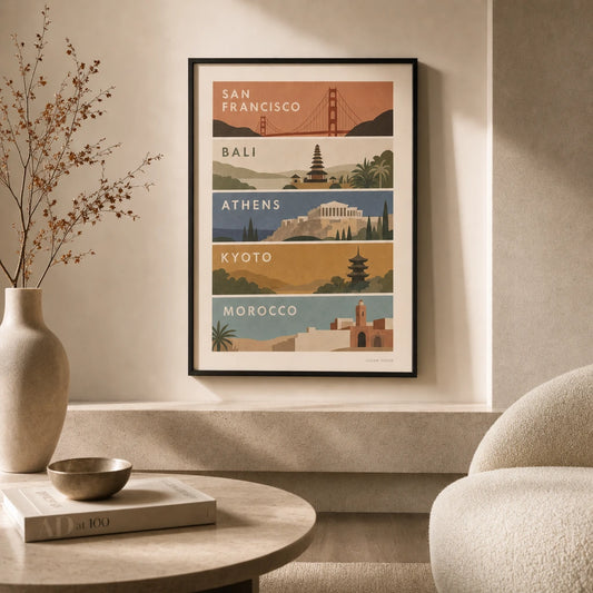 Stairwell Travel Ascending Gallery Poster — Five-print travel stairwell ascending vintage WPA gallery, lifestyle in interior, Atelier Poster