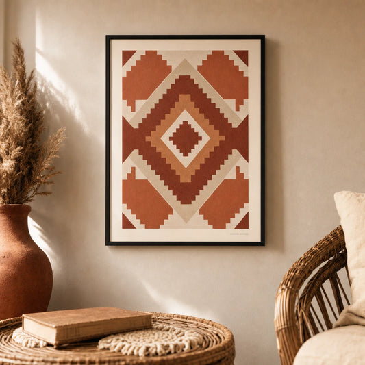 Berber Diamond Pattern Poster — Berber diamond pattern in graduated terracotta tones, lifestyle in interior, Atelier Poster