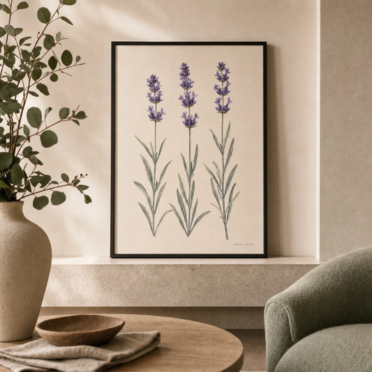 Lavender Stems Poster — Three watercolor lavender stems in soft purple and sage, lifestyle in interior, Atelier Poster