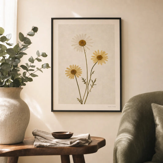 Pressed Daisy Trio Poster — Three pressed yellow daisies on cream linen background, lifestyle in interior, Atelier Poster