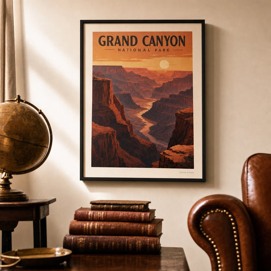 Grand Canyon Sunset Poster — WPA-style Grand Canyon sunset in layered red and orange, lifestyle in interior, Atelier Poster