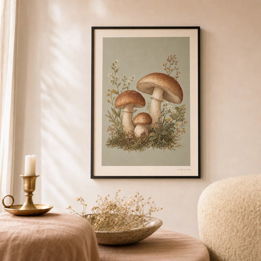 Cottagecore Mushroom Patch Poster — Woodland mushroom cluster in cottagecore Pinterest aesthetic, lifestyle in interior, Atelier Poster