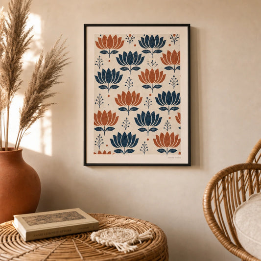Block Print Indian Lotus Poster — Indian block-print lotus motif indigo terracotta on cream, lifestyle in interior, Atelier Poster