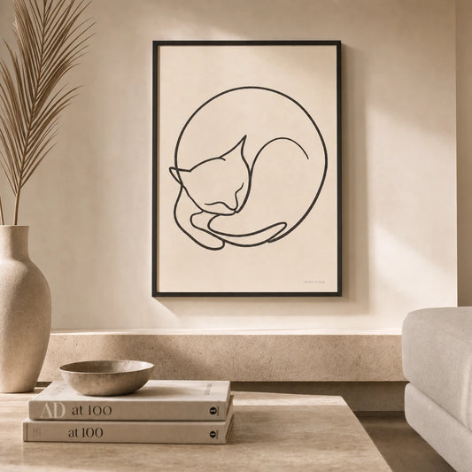 Oversized Sleeping Cat Line Poster — Oversized sleeping cat curled circle continuous black Matisse, lifestyle in interior, Atelier Poster