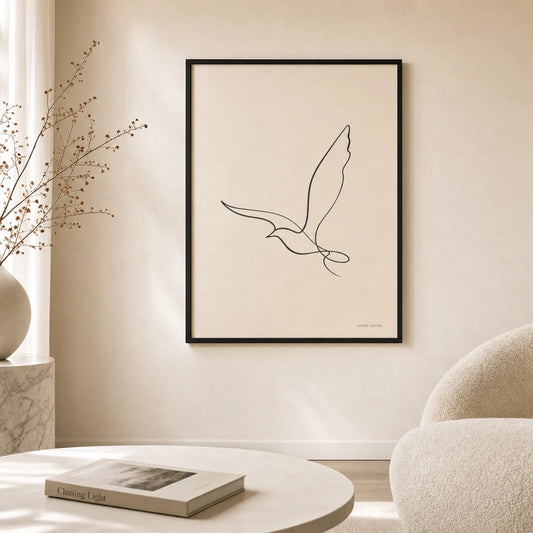 Bird in Flight Line Poster — Single-line bird mid-flight with outstretched wings, lifestyle in interior, Atelier Poster