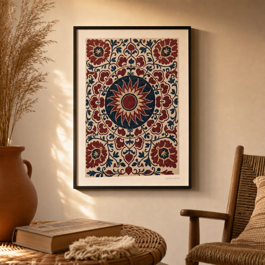 Suzani Pattern Detail Poster — Uzbek suzani embroidery sun motif in red and indigo, lifestyle in interior, Atelier Poster