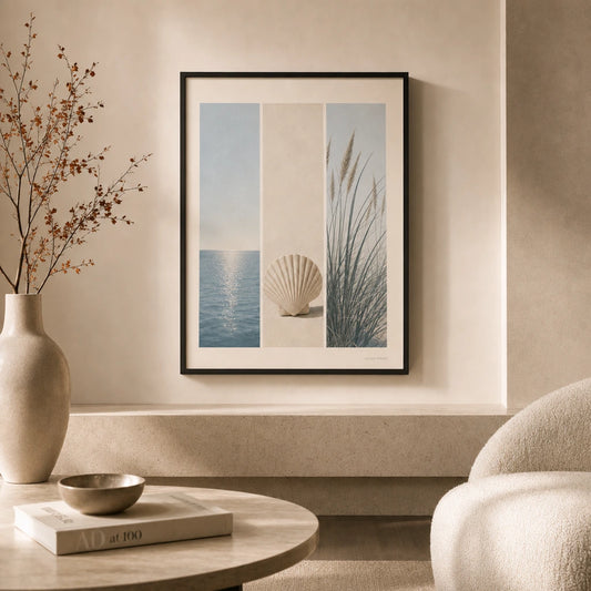 Coastal Trio Set Gallery Poster — Three coordinated coastal ocean shell sea grass trio set, lifestyle in interior, Atelier Poster