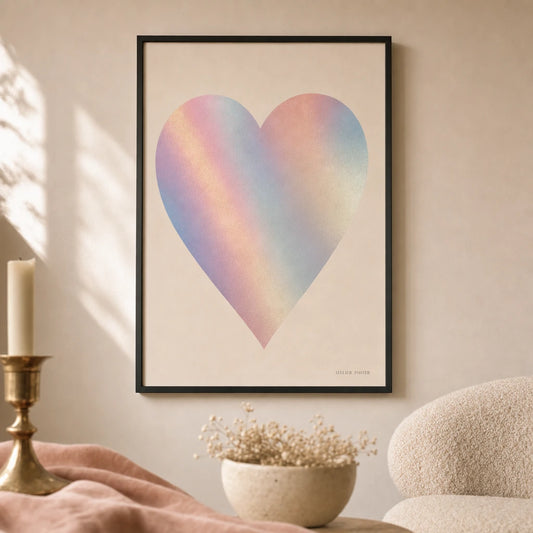 Y2K Heart Holographic Poster — Holographic iridescent heart Y2K revival aesthetic, lifestyle in interior, Atelier Poster