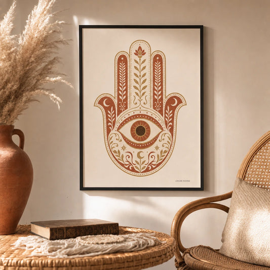 Boho Hamsa Hand Poster — Traditional hamsa hand with palm patterns in warm gold, lifestyle in interior, Atelier Poster