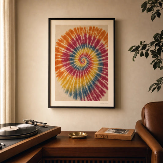 Tie Dye Spiral 60s Poster — Hand-drawn tie-dye spiral 1960s rainbow counter-culture, lifestyle in interior, Atelier Poster